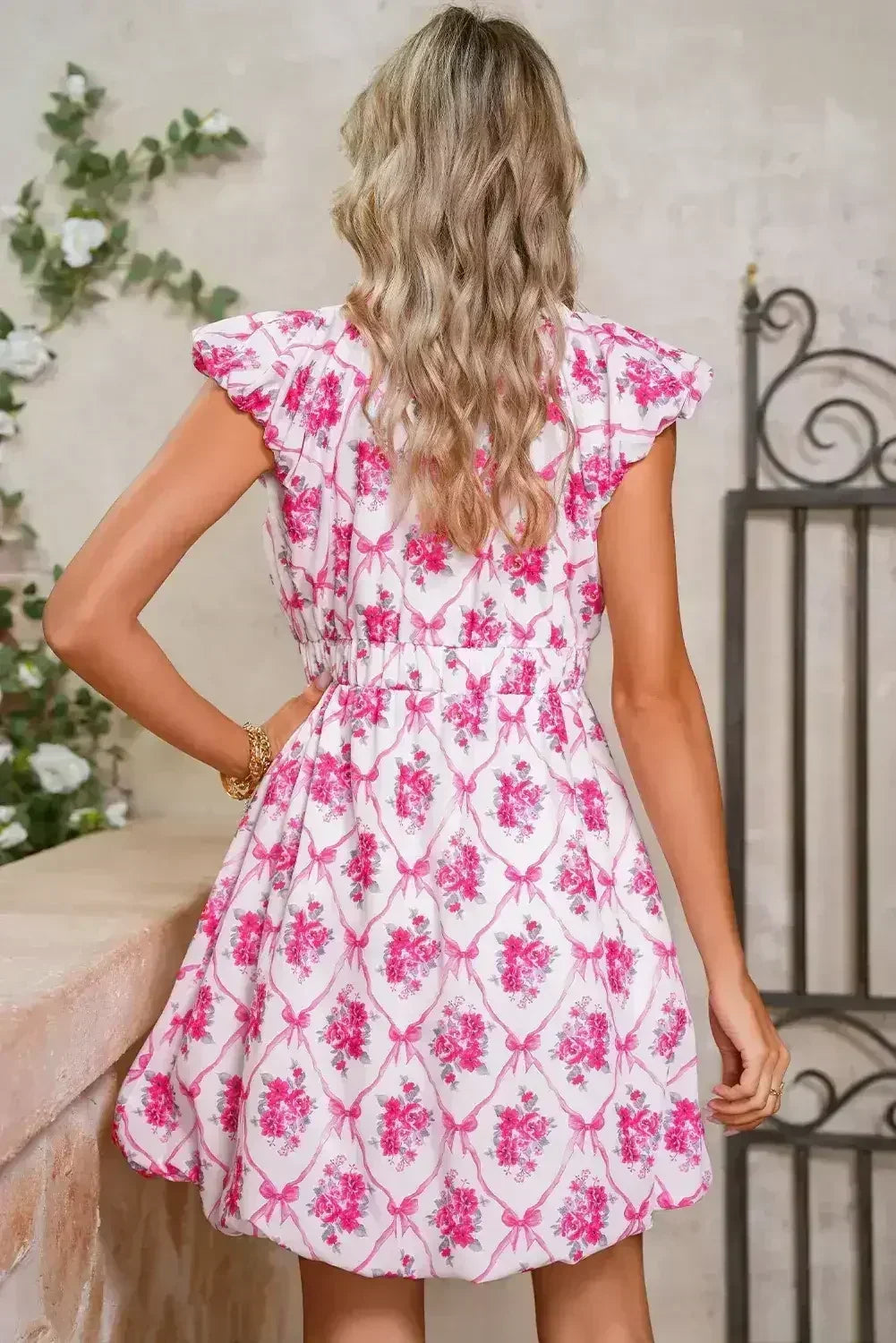 Multicolour Boho Bow Floral Print Knot V Neck Mini Dress