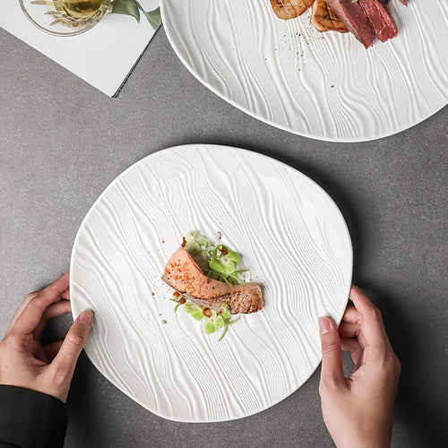 Elegant White Ribbed Ceramic Plate for Dining
