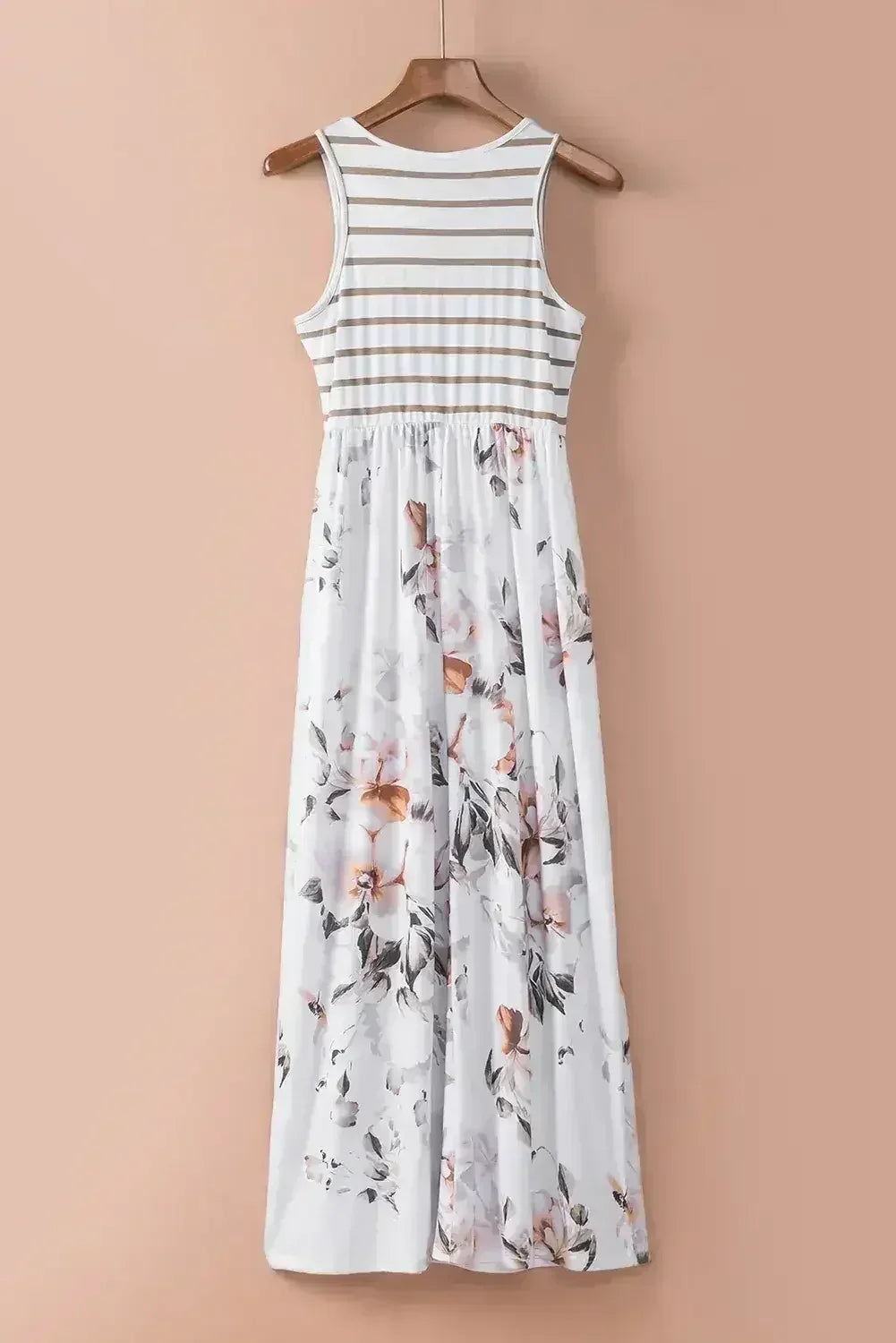 White Boho Stripes & Floral Print Floor Length Tank Dress