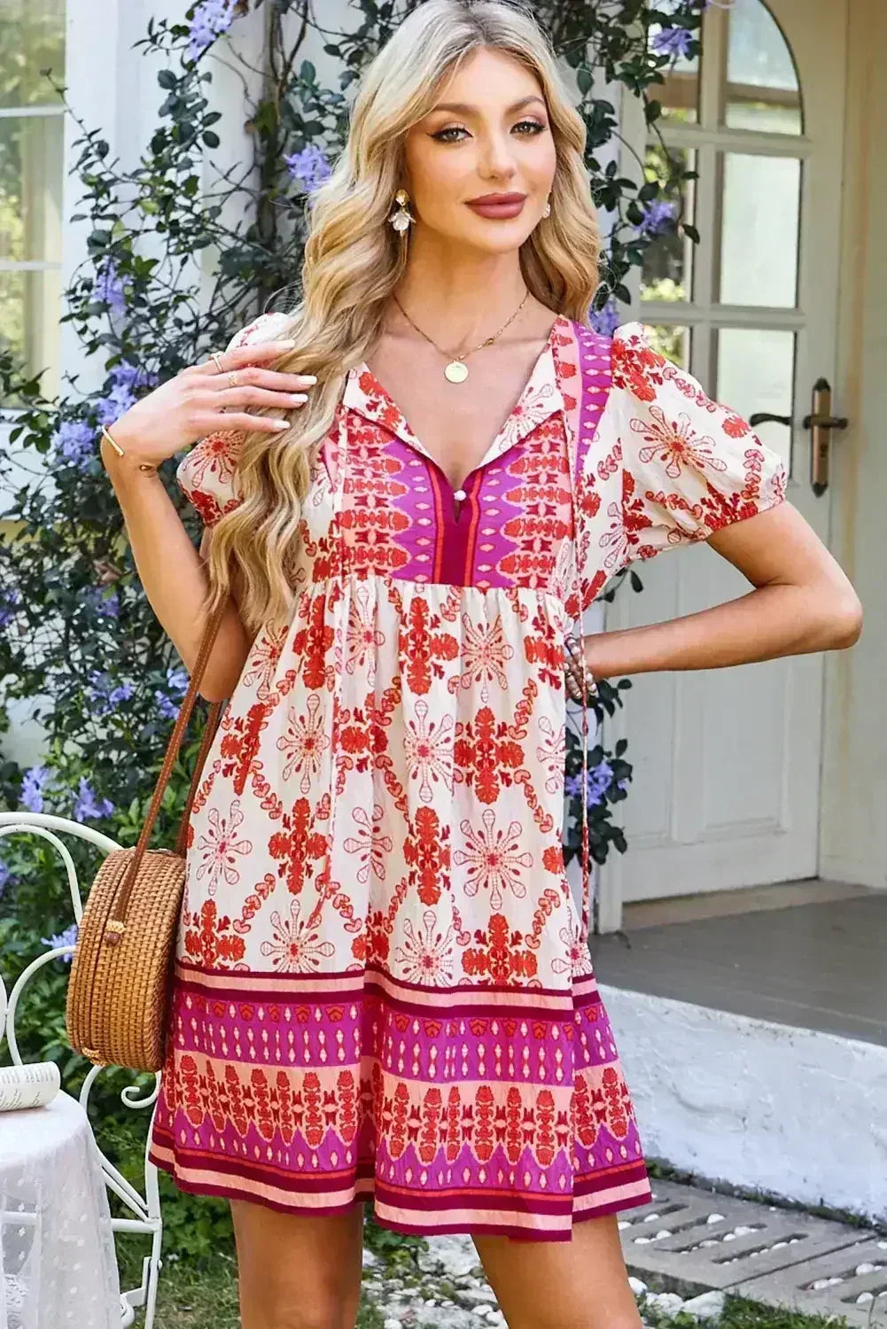 Rose Boho Floral Short Sleeve Tie V Neck Mini Dress