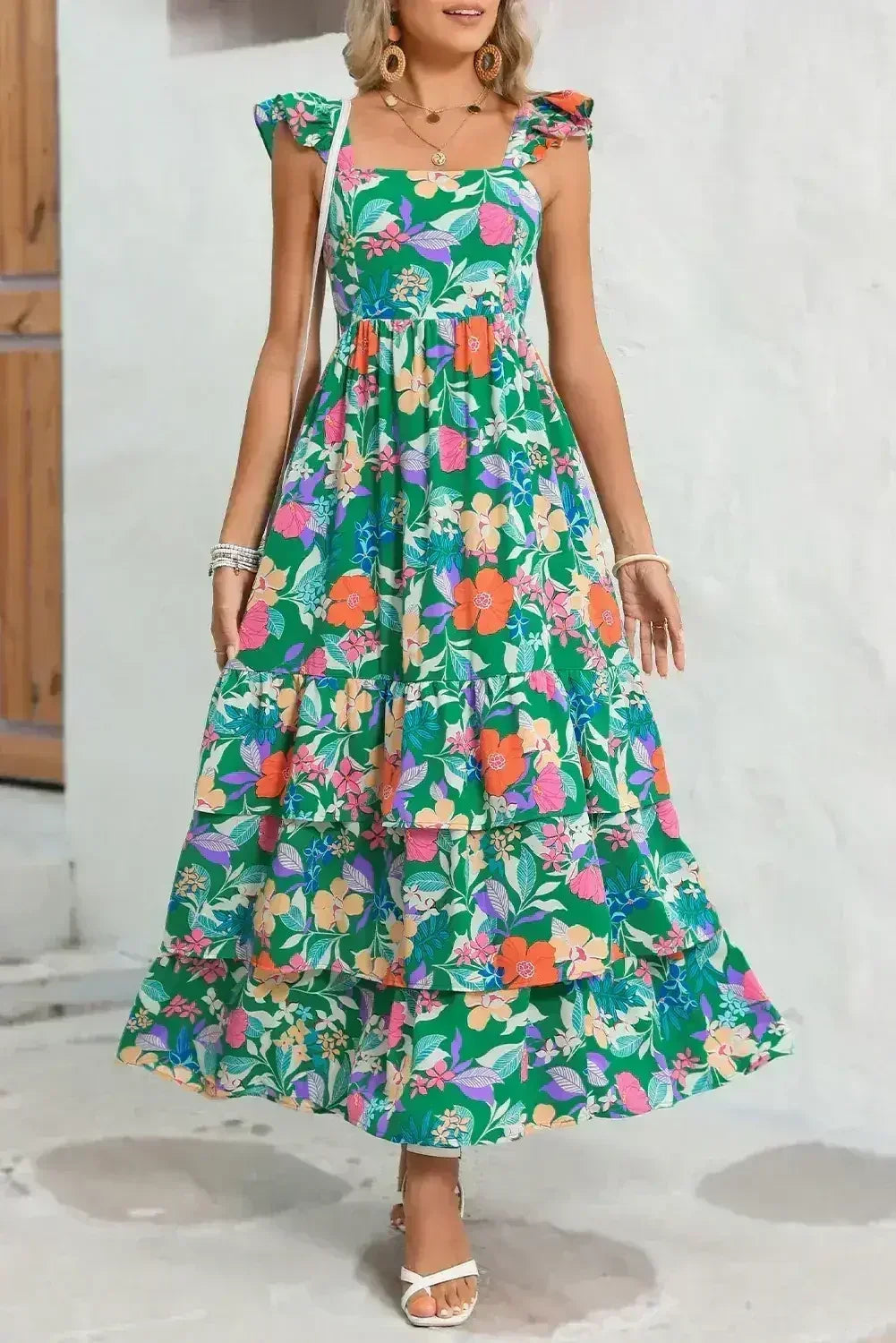 Green Boho Floral Print Ruffle Sleeveless Tiered Maxi Dress