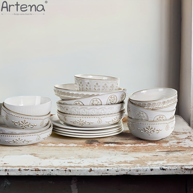 Artena Embossed Damask 24cm Large Ceramic Pasta Bowl | Kitchen + Metal