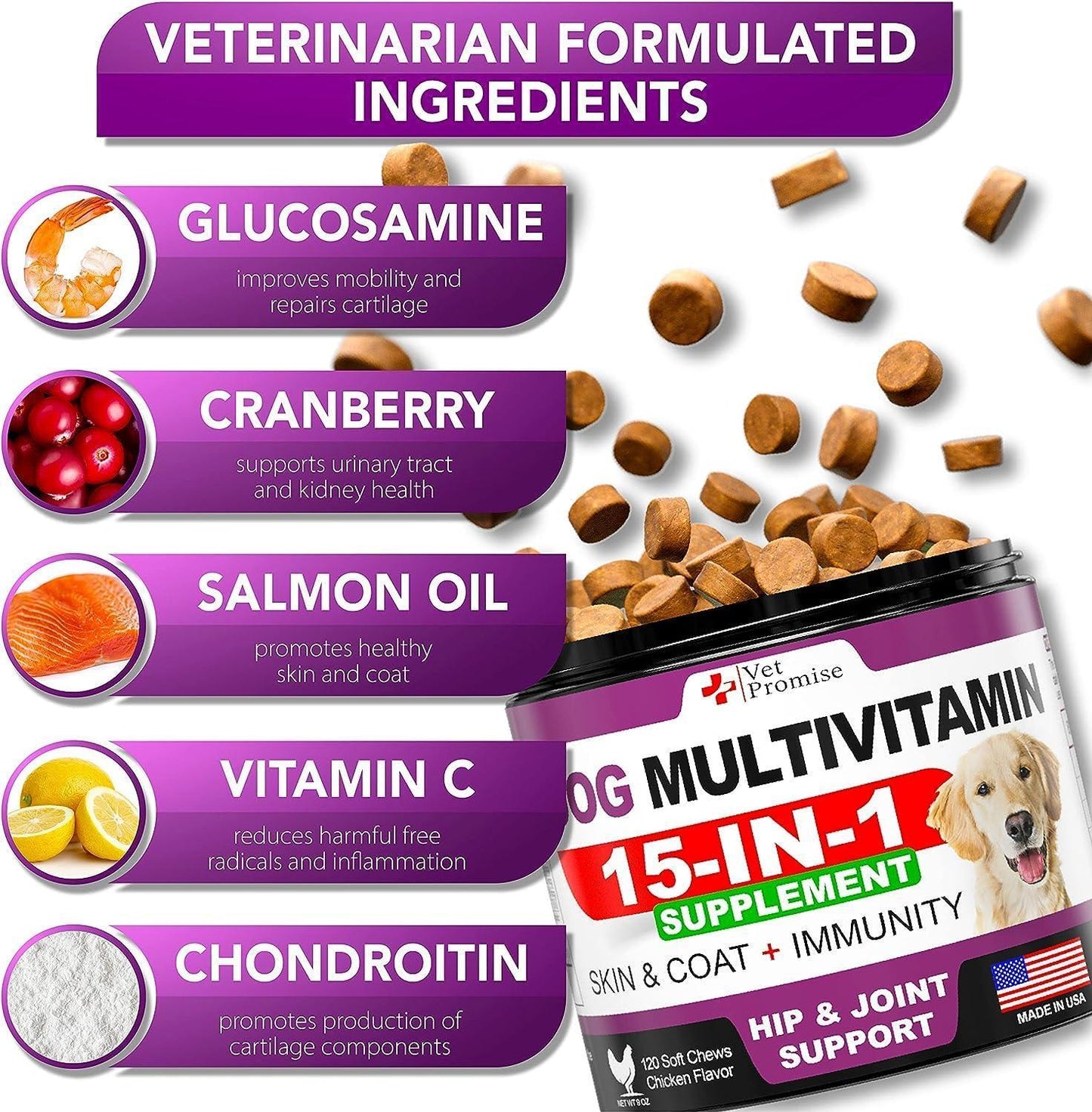 Dog multivitamin supplement with ingredients listed and product packaging.