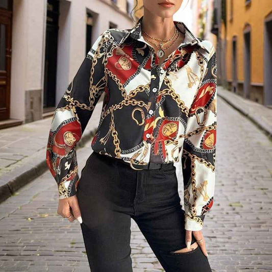 Women's Lapel Long Sleeve Shirt - Fitted Cut Intricate Print Button-Up Design Casual Spring&Fall Wear