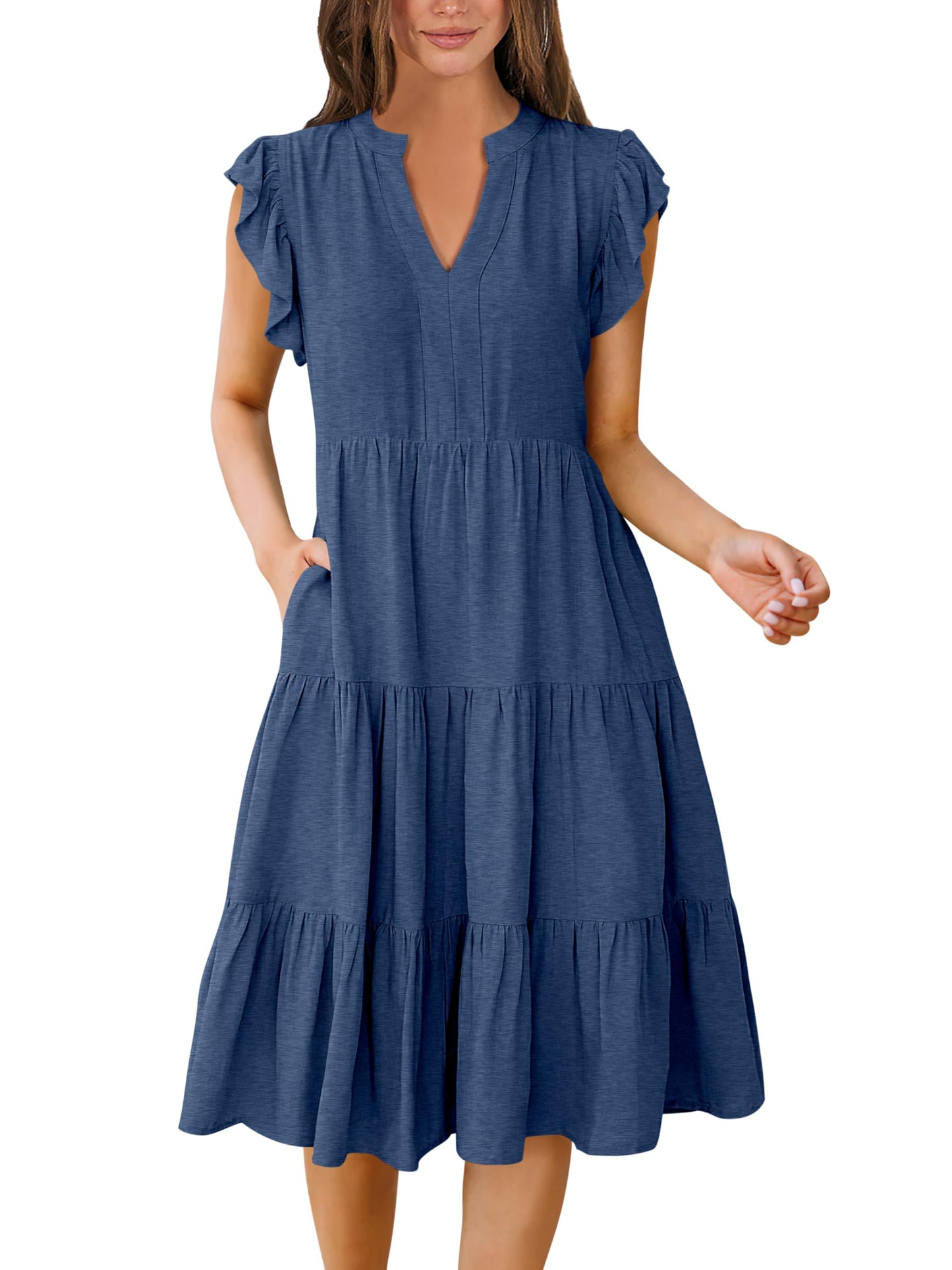 Blue Casual Dresses - Women's Summer Midi Dress - Ruffle Sleeve V-Neck Boho Beach Dress