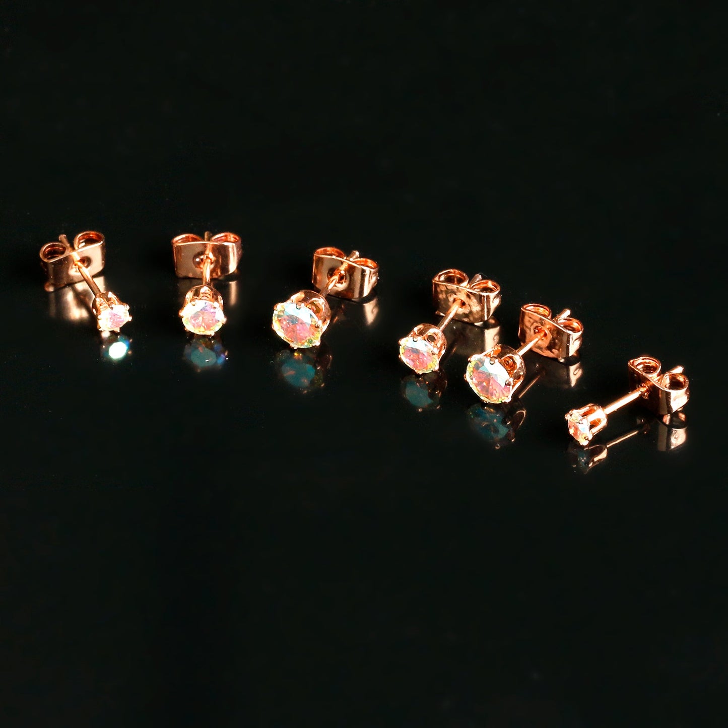 20G Aurora CZ Gem Rose Gold Tone Post Stud Earring Set of 6