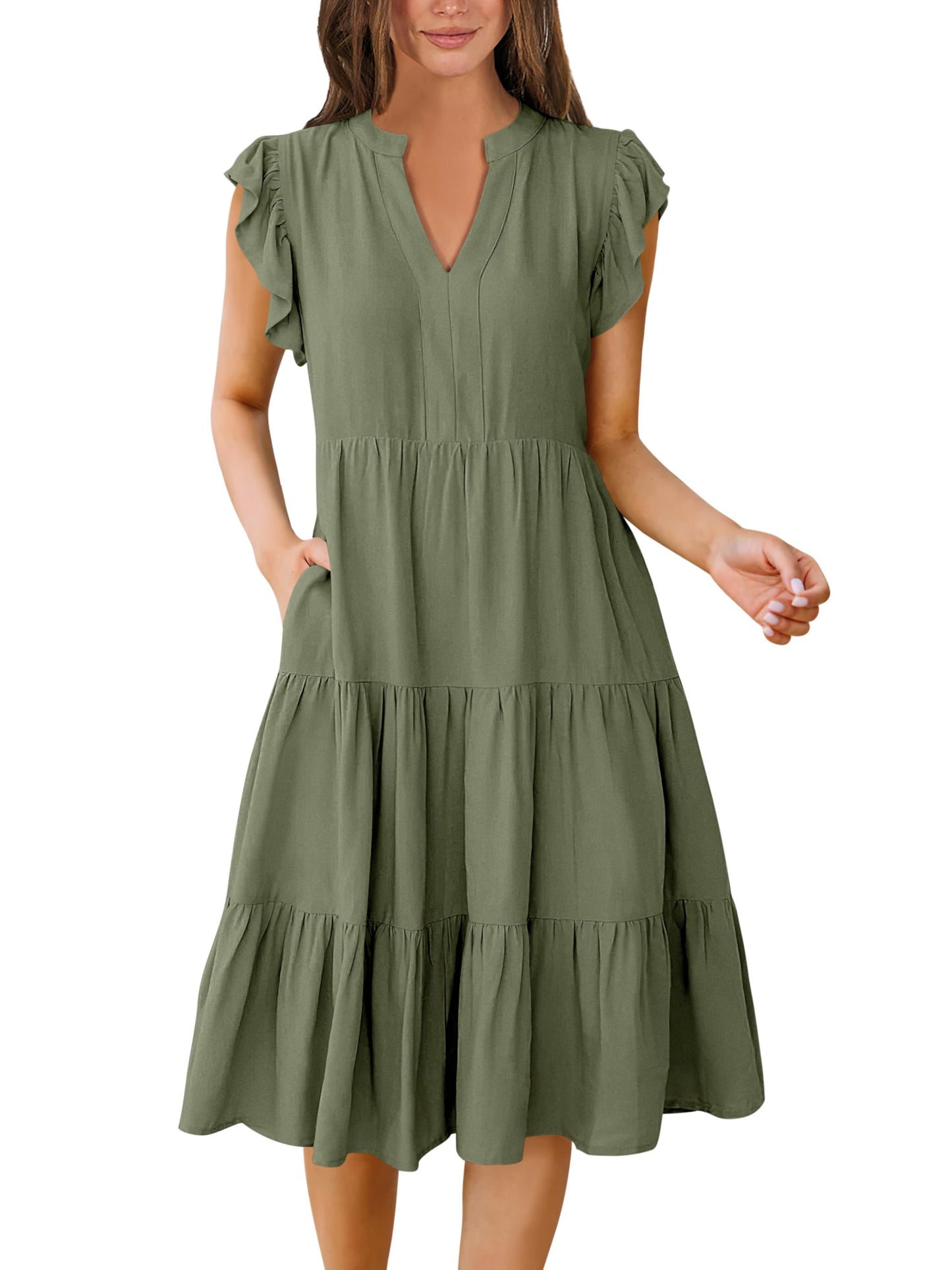 Blue Casual Dresses - Women's Summer Midi Dress - Ruffle Sleeve V-Neck Boho Beach Dress