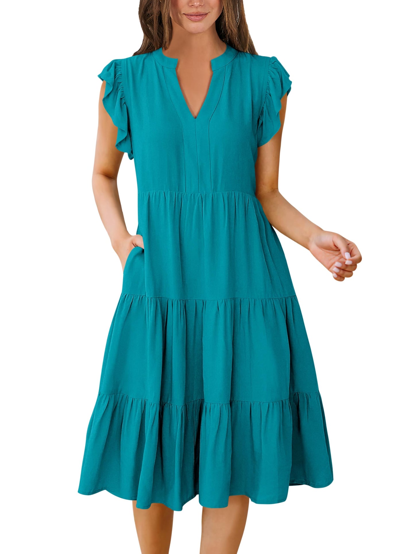 Blue Casual Dresses - Women's Summer Midi Dress - Ruffle Sleeve V-Neck Boho Beach Dress