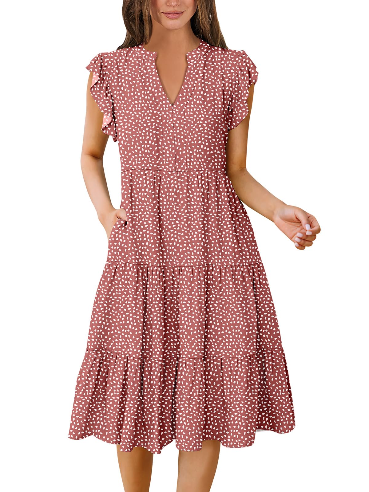 Blue Casual Dresses - Women's Summer Midi Dress - Ruffle Sleeve V-Neck Boho Beach Dress