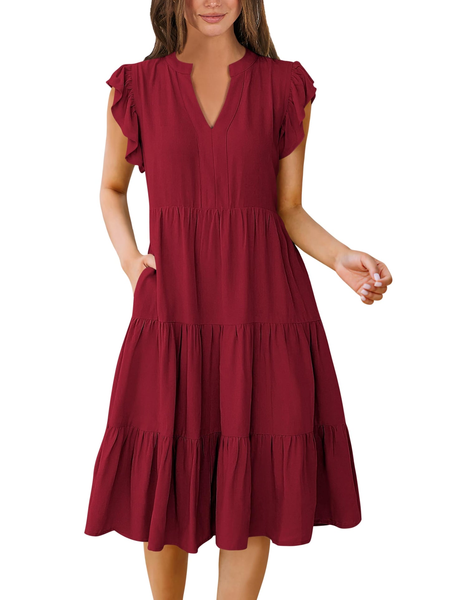 Blue Casual Dresses - Women's Summer Midi Dress - Ruffle Sleeve V-Neck Boho Beach Dress