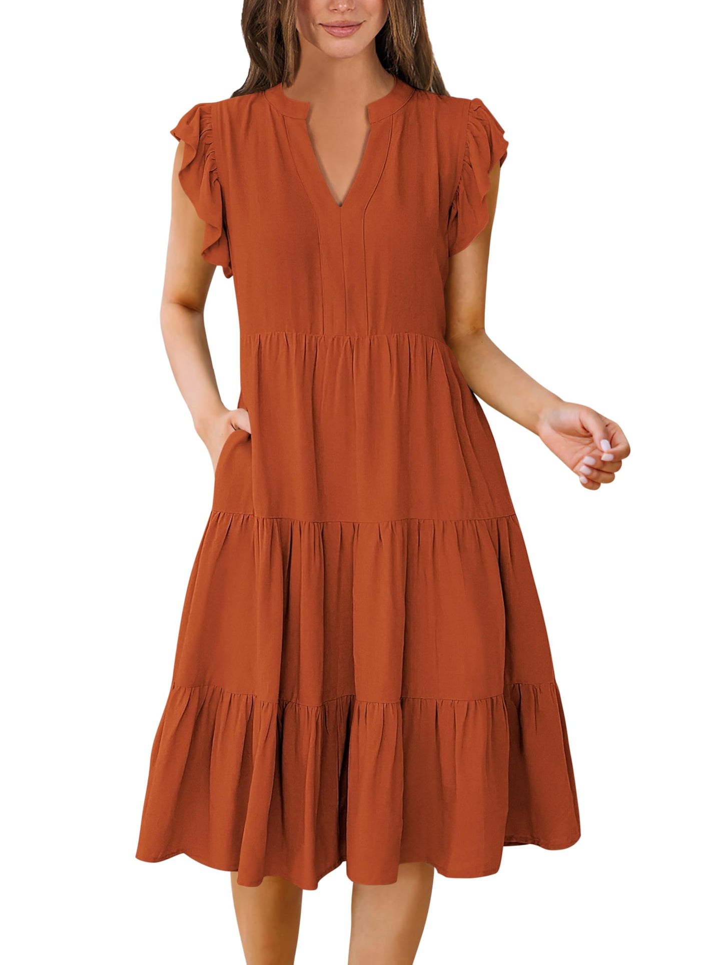 Blue Casual Dresses - Women's Summer Midi Dress - Ruffle Sleeve V-Neck Boho Beach Dress