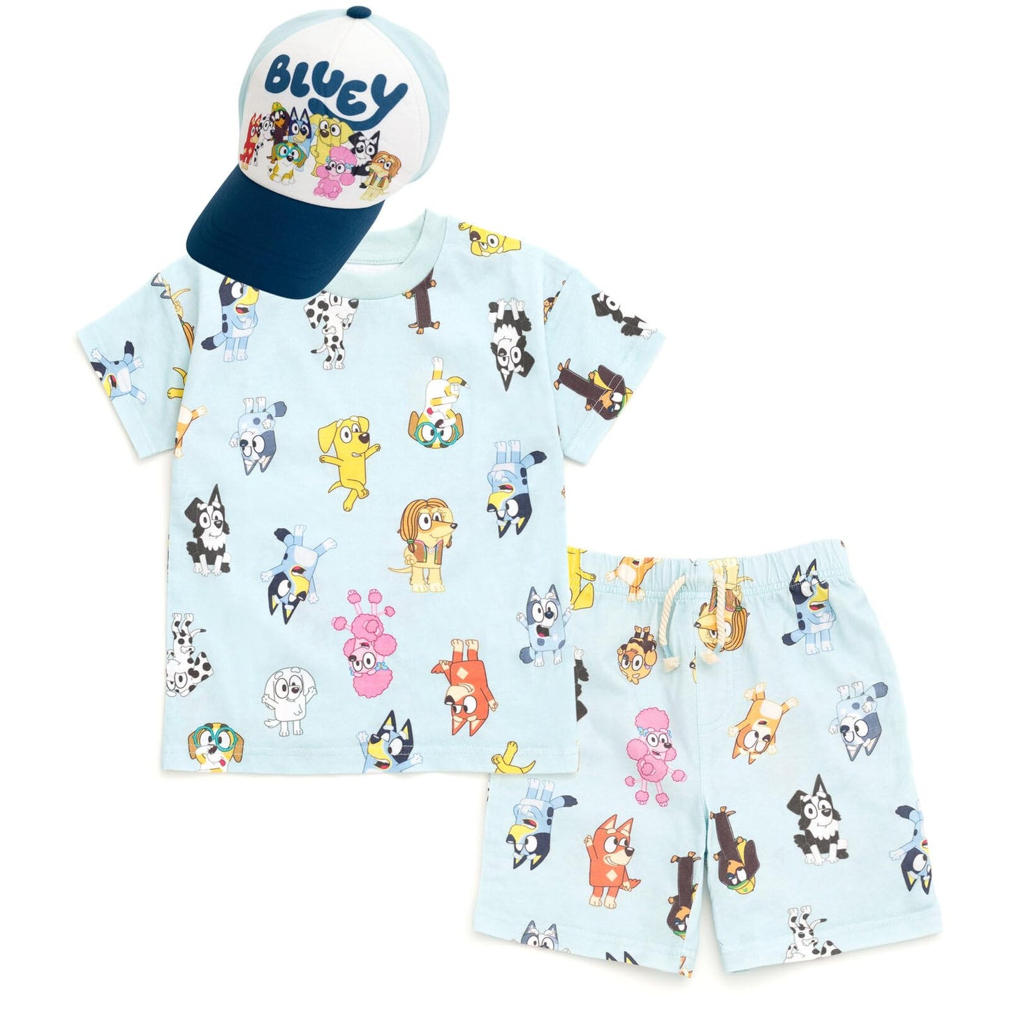 Bluey 3-Piece Kids Outfit Set - T-Shirt, Shorts & Baseball Cap for Toddlers to Big Kids