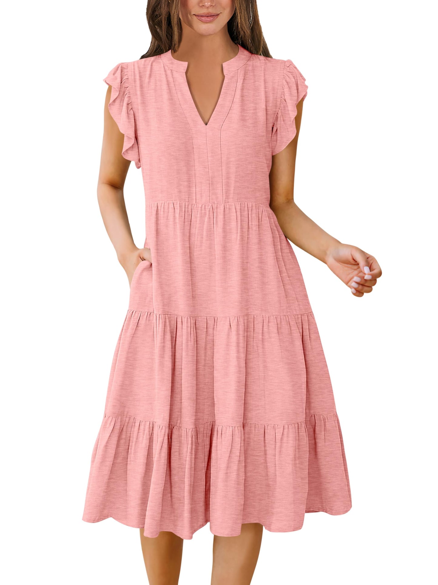 Blue Casual Dresses - Women's Summer Midi Dress - Ruffle Sleeve V-Neck Boho Beach Dress