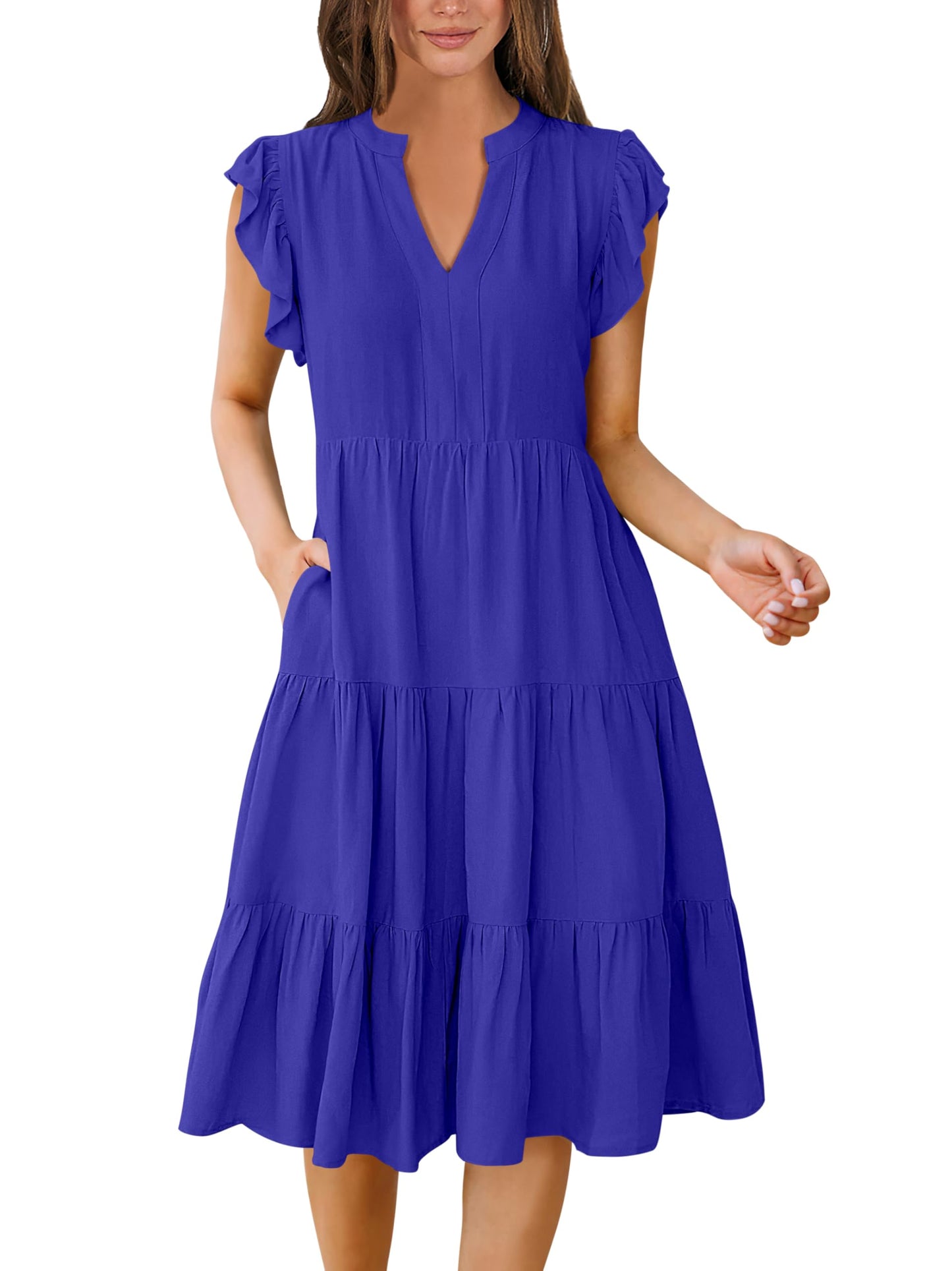 Blue Casual Dresses - Women's Summer Midi Dress - Ruffle Sleeve V-Neck Boho Beach Dress