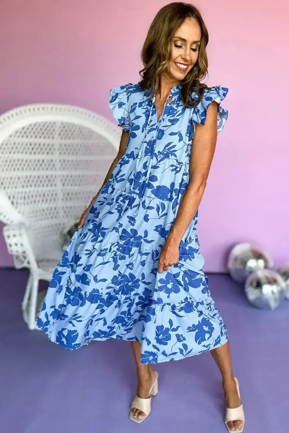 Rose Floral Print Tiered Flutter Sleeve Maxi Dress