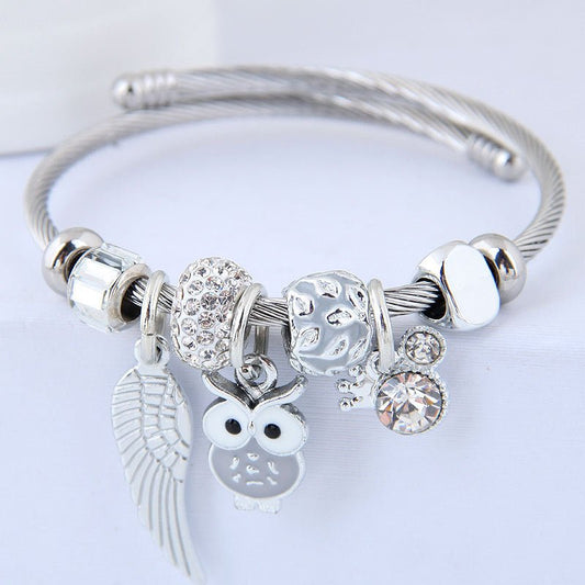 Beaded Owl Bracelet with Angel Wings - Stainless Steel Charm Bracelet