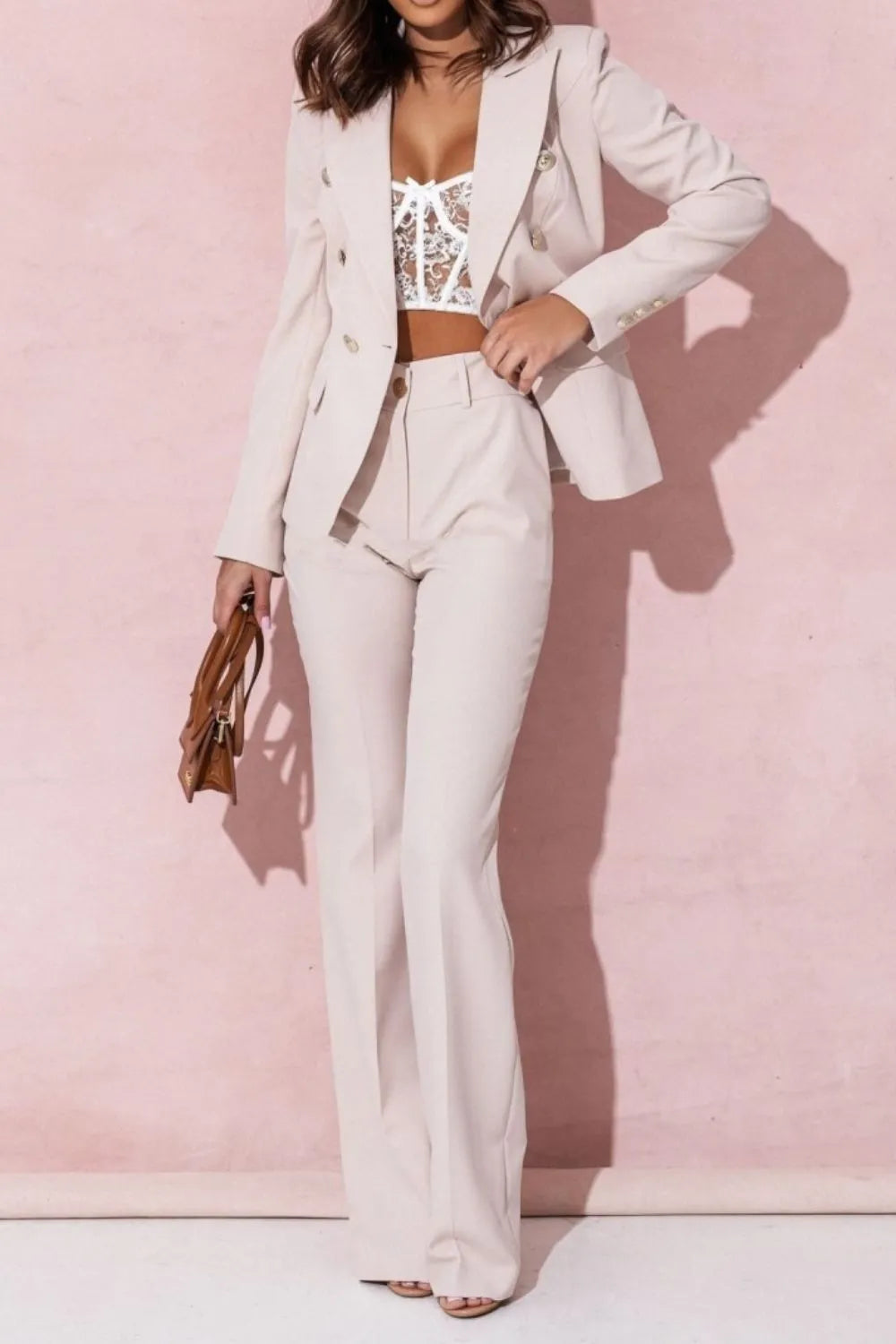 Full Size Plus Size Blazer Pantsuit with Lapel Collar and Long Sleeves