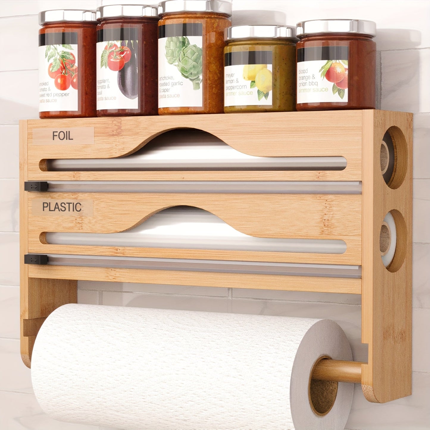 1pc Bamboo Kitchen Wrap Organizer - 4-in-1 Wall Mount Storage for