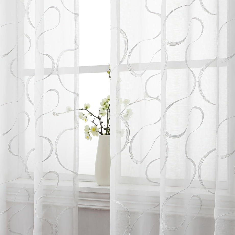 Elegant White Sheer Curtains with Embroidered Trellis Design
