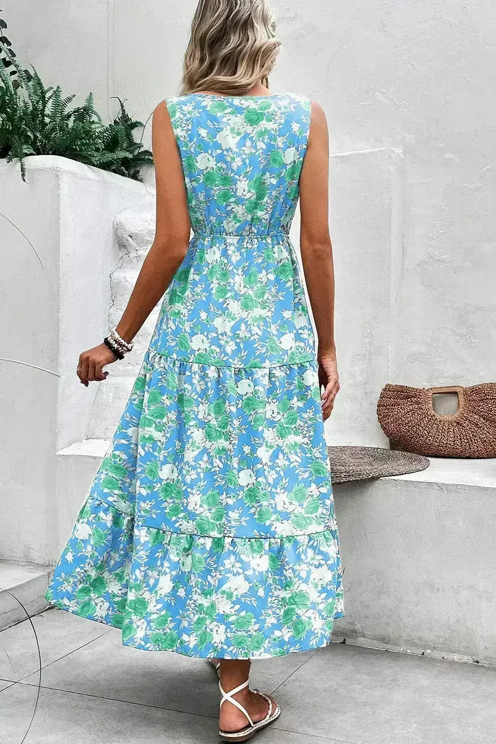 Green Floral Print Trimmed V Neck Sleeveless Vacation Dress
