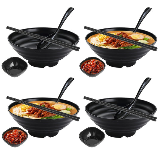 Elegant Ramen Bowl Set with Chopsticks and Saucers