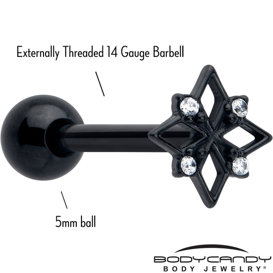 Clear CZ Gem Black Gothic Star Barbell Tongue Ring