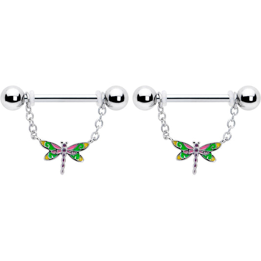 14G 9/16 Dragonfly Colors Chain Dangle Nipple Ring Set
