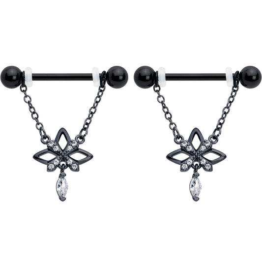 14G 9/16 Clear CZ Gem Black Gothic Star Dangle Nipple Ring Set