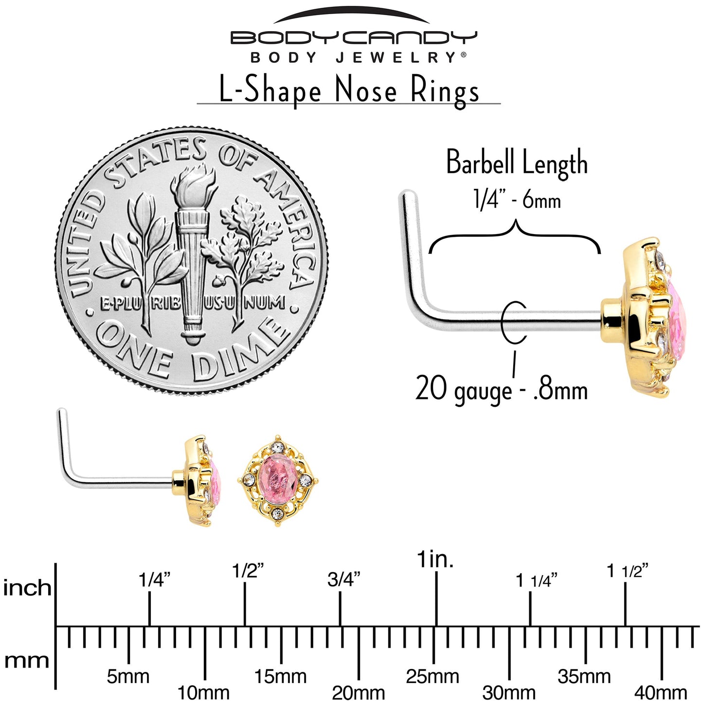 20G 7mm Pink Tourmaline Golden Wondrous Glamour L Shape Nose Ring