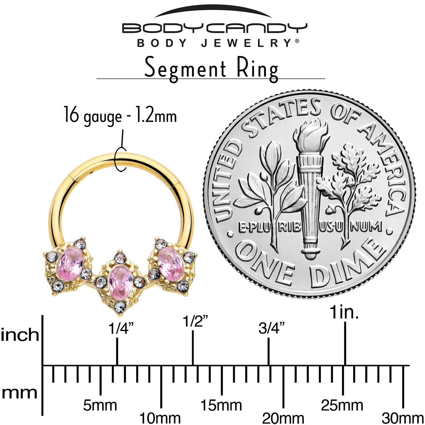 16G 3/8 Pink Tourmaline Gold Tone Wondrous Trio Hinged Segment Ring