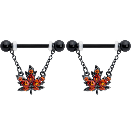 14G 9/16 Orange CZ Gem Black Autumn Leaf Dangle Nipple Ring Set