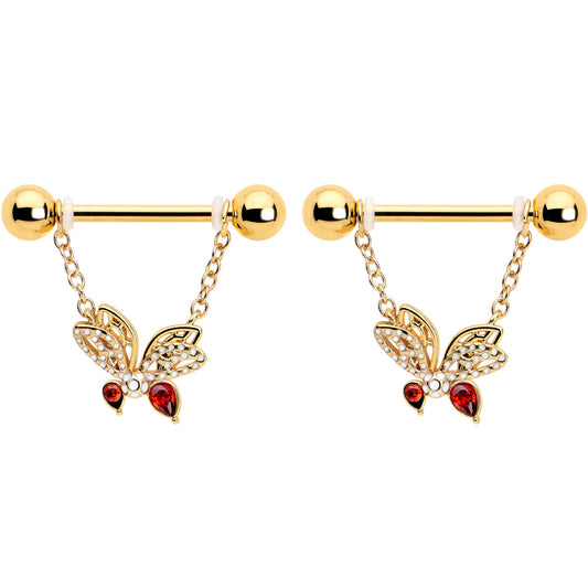 14G 9/16 Red CZ Gem Gold Tone Drama Butterfly Dangle Nipple Ring Set