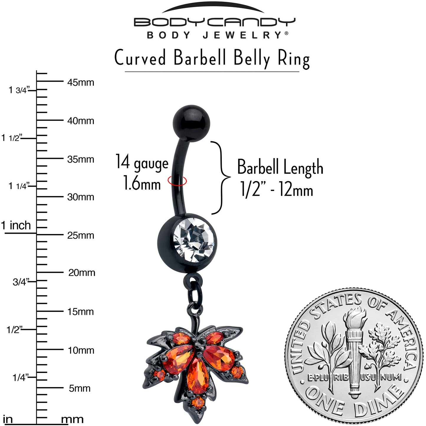 Orange CZ Gem Black Autumn Leaf Dangle Belly Ring