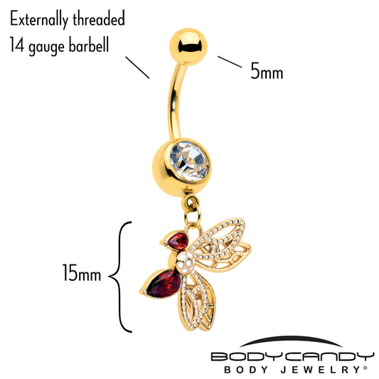 Red CZ Gem Gold Tone Drama Butterfly Dangle Belly Ring