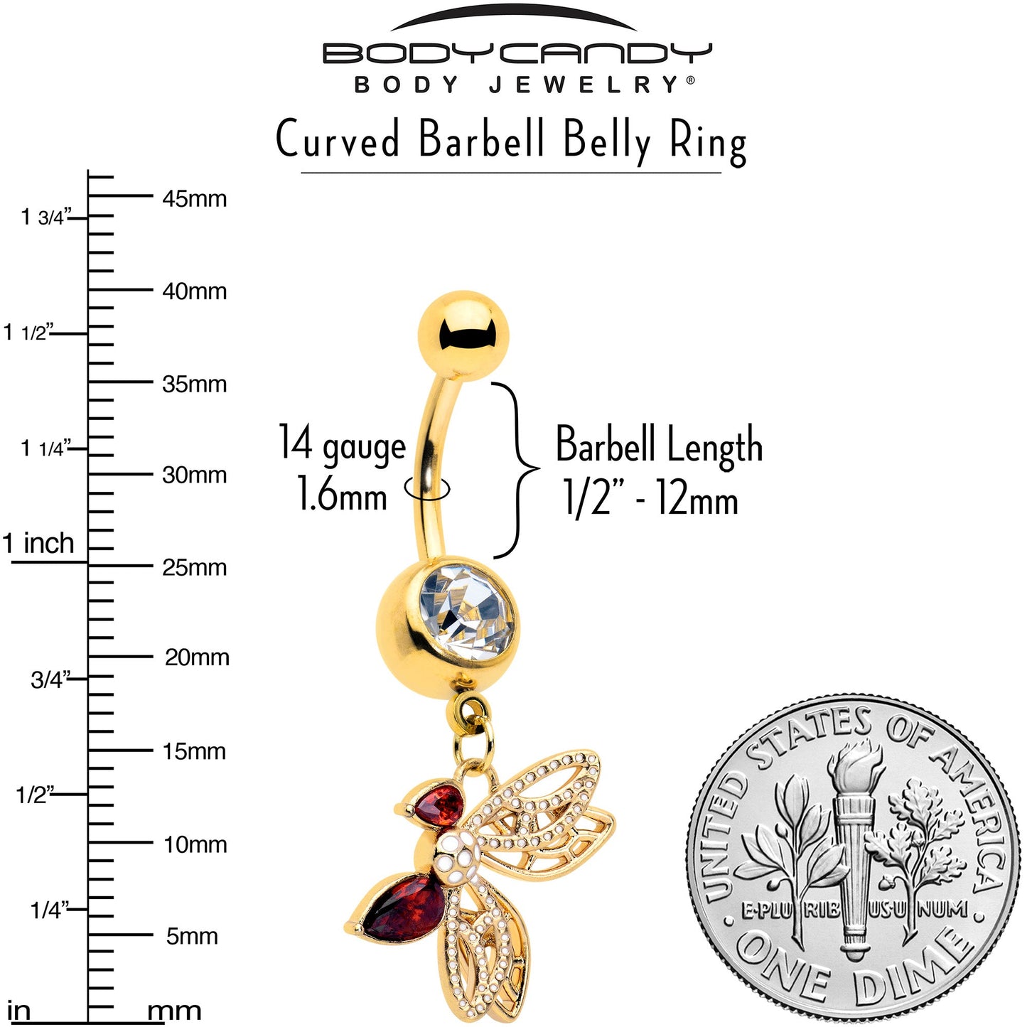 Red CZ Gem Gold Tone Drama Butterfly Dangle Belly Ring