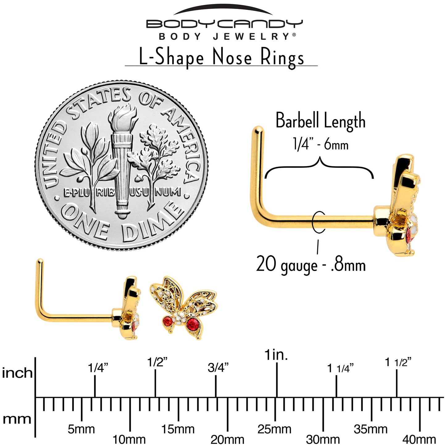 20G 7mm Red CZ Gem Gold Tone Drama Butterfly L Shape Nose Ring