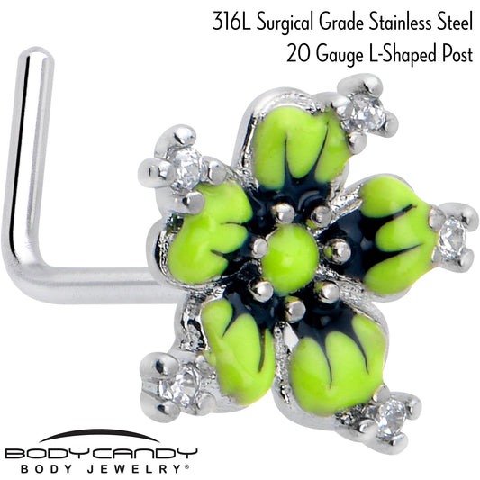 20G 7mm Clear CZ Gem Go Green Flower L Shape Nose Ring