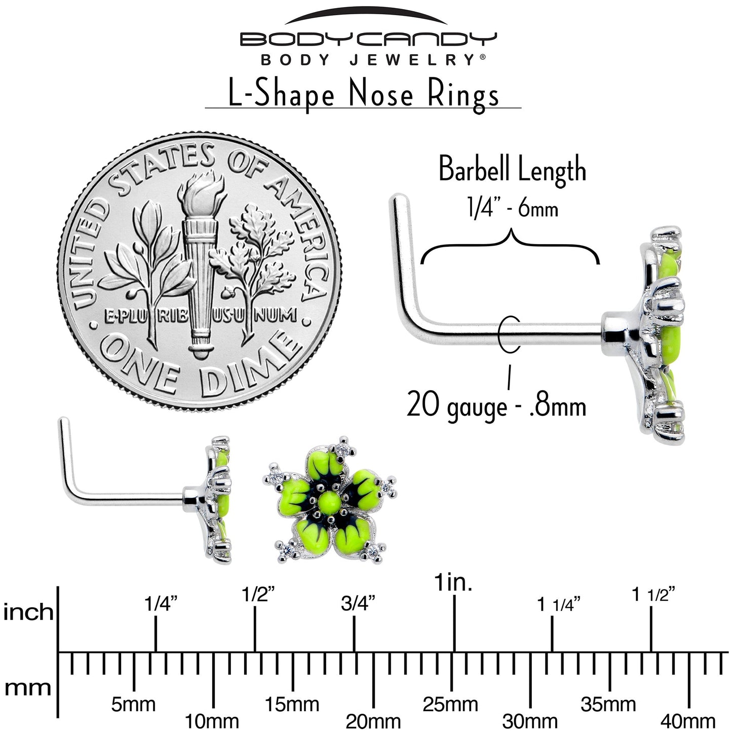 20G 7mm Clear CZ Gem Go Green Flower L Shape Nose Ring