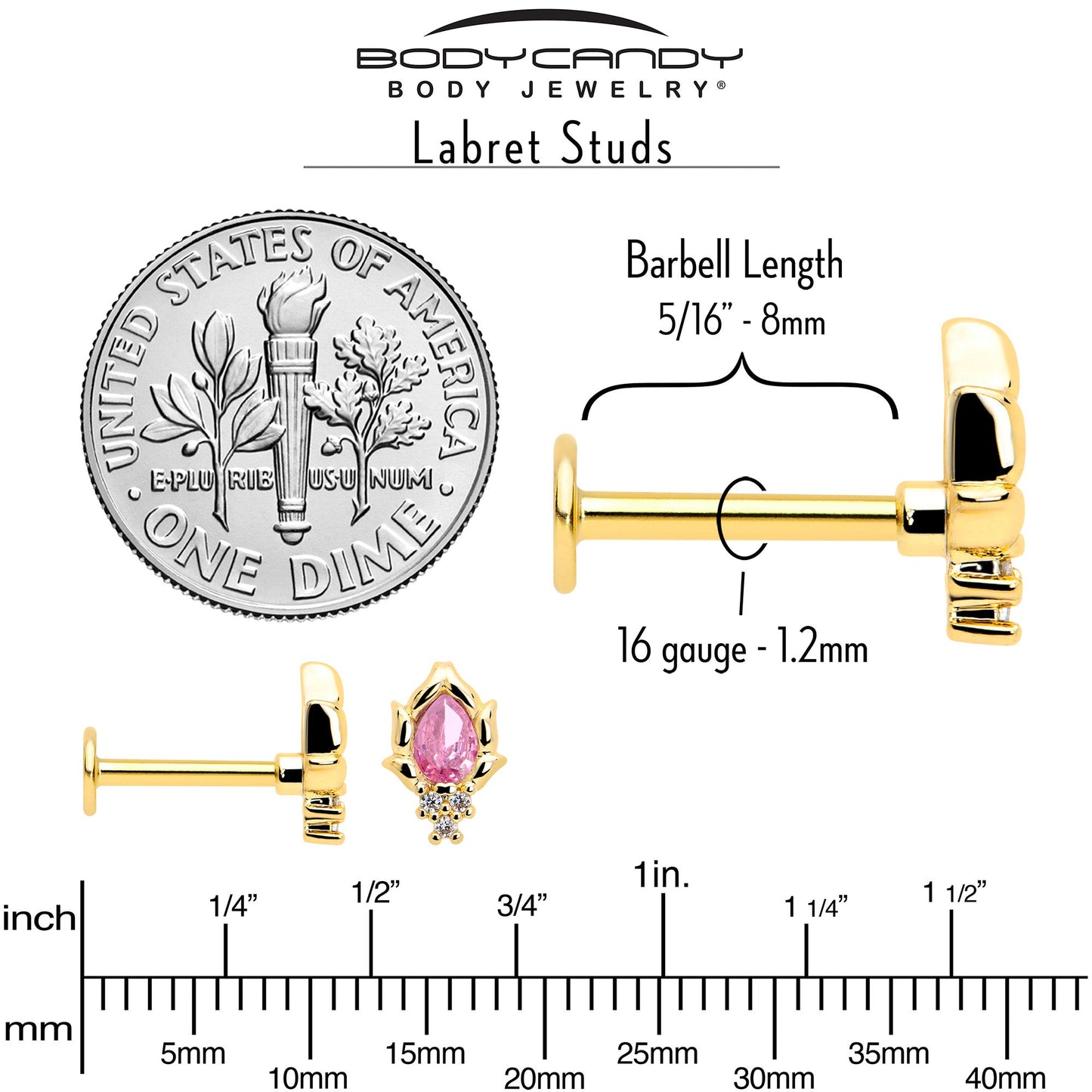 16G 5/16 Pink CZ Gem Gold Tone Style Fire Labret Monroe Tragus