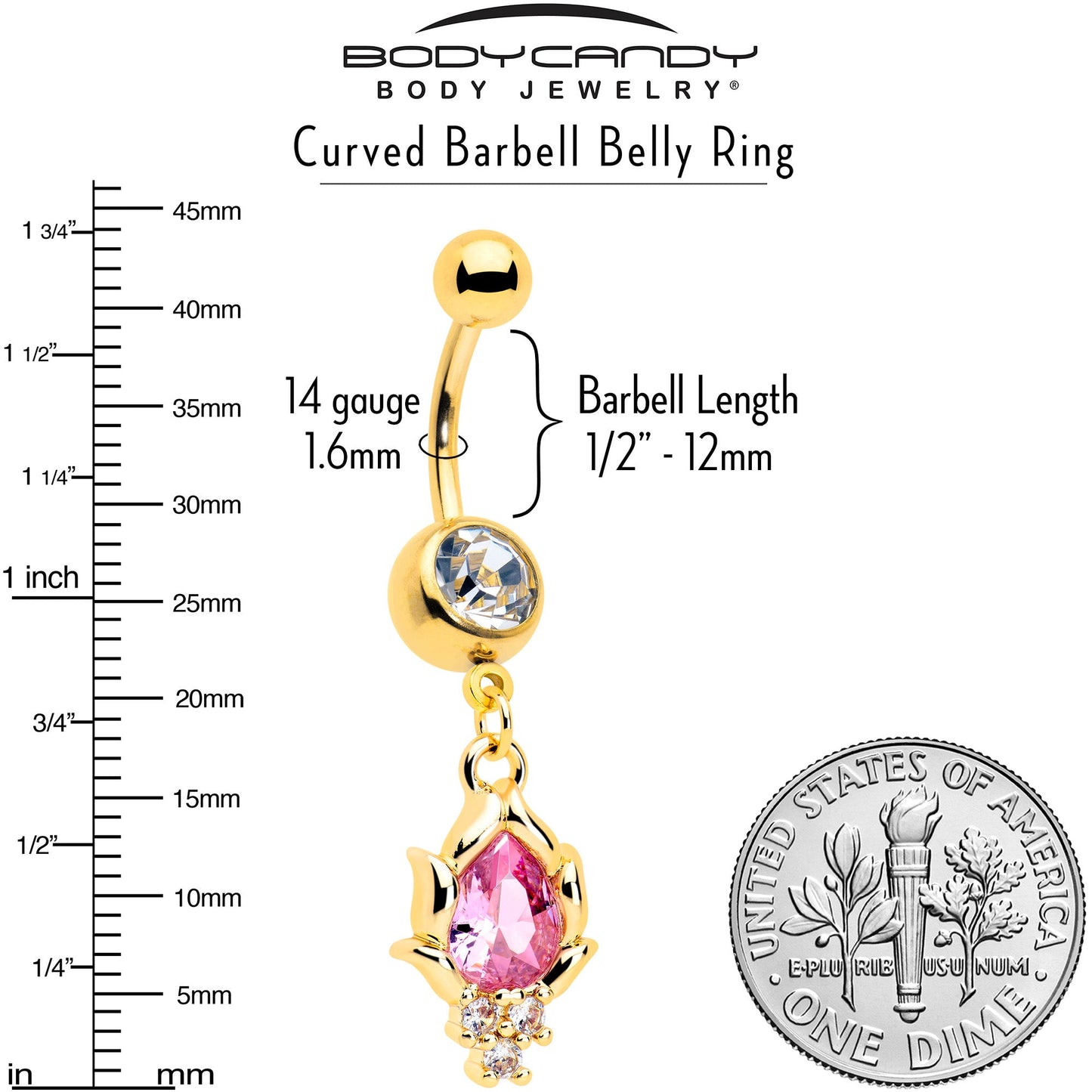 Pink CZ Gem Gold Tone Style Fire Dangle Belly Ring