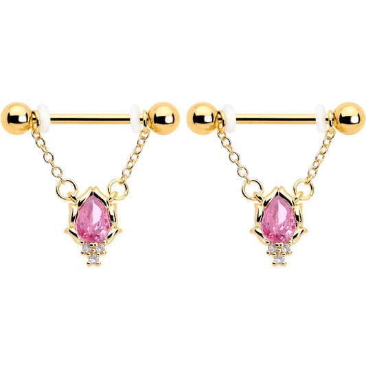 14G 9/16 Pink CZ Gem Gold Tone Style Fire Dangle Nipple Ring Set