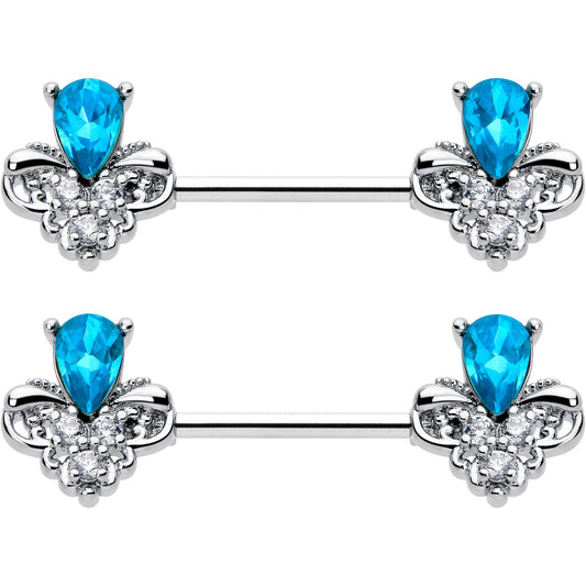 14G 9/16 Blue Gem Style Simplicity Barbell Nipple Ring Set