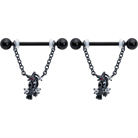 14G 9/16 Clear CZ Gem Black Raven Witch Dangle Nipple Ring Set