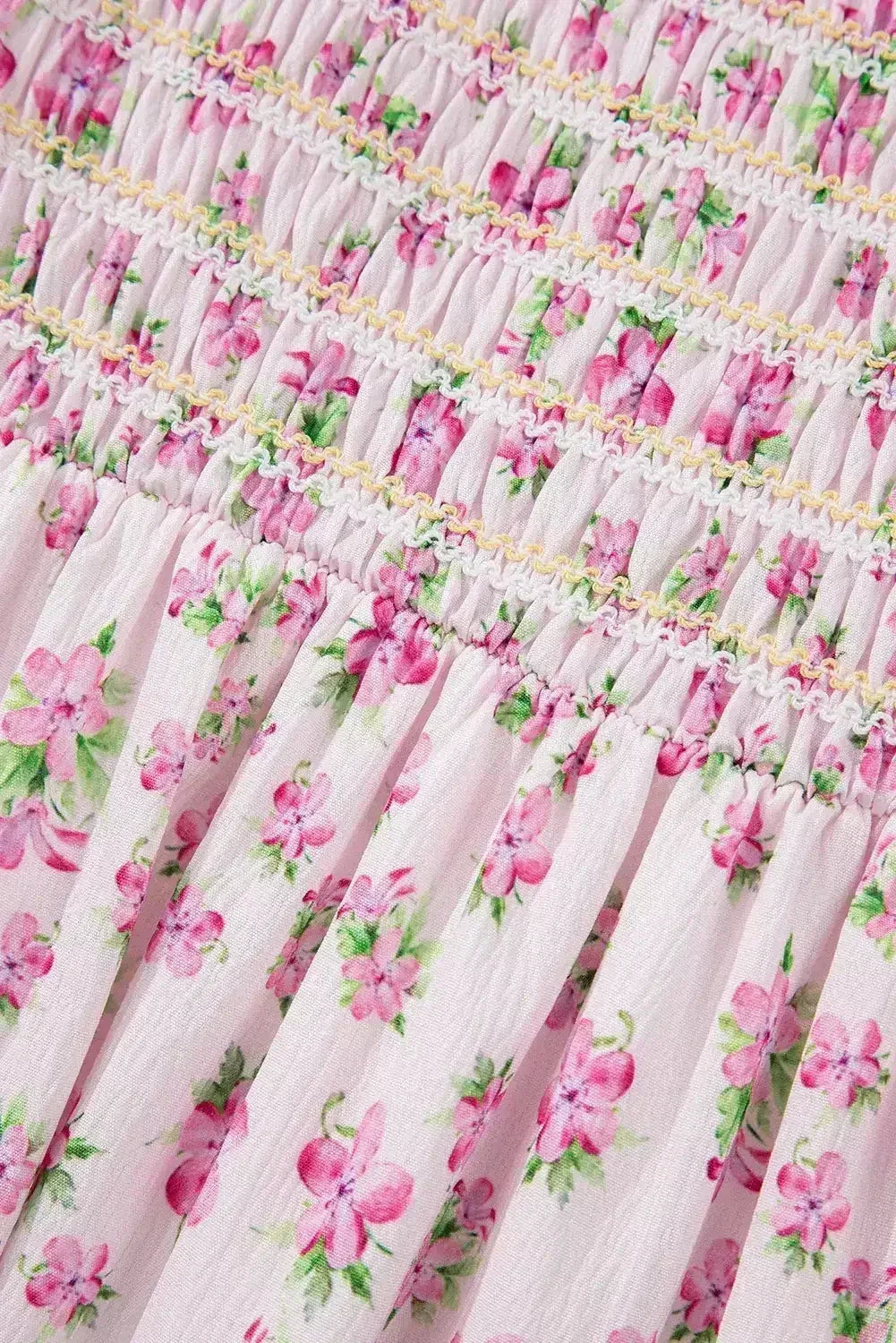 White Frill Neckline Shirred Bodice Floral Maxi Dress