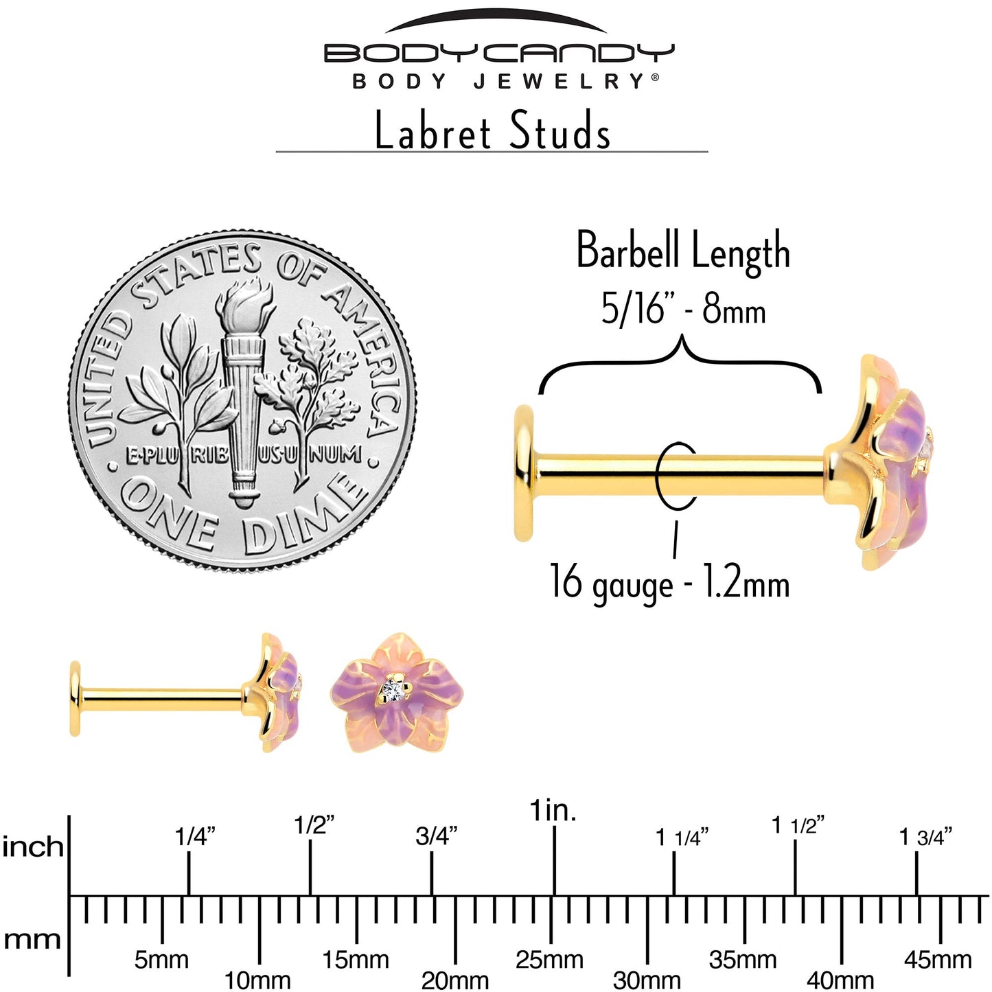 16G 5/16 Clear Gem Gold Tone Pastel Flower Labret Monroe Tragus