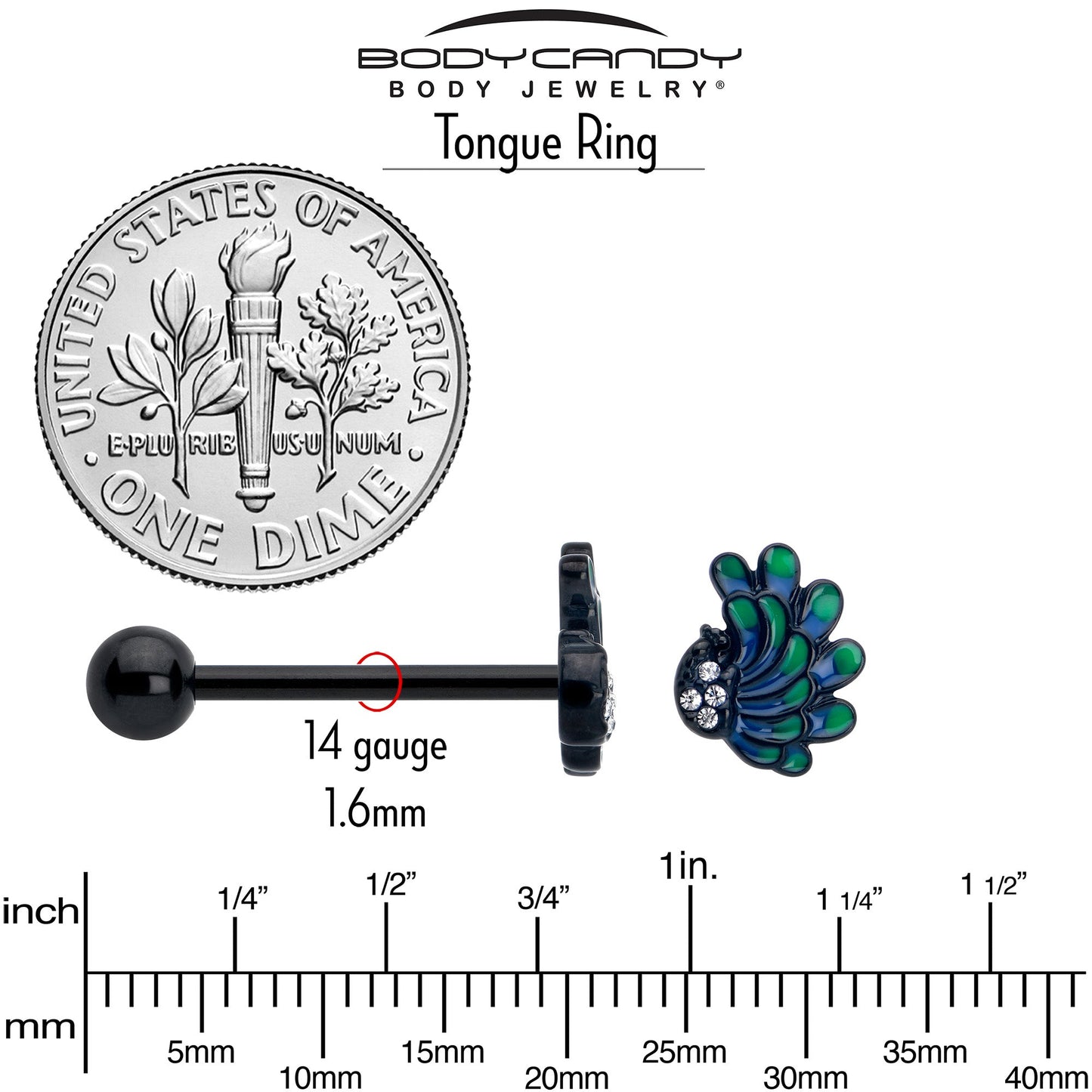 Clear Gem Black Peacock Green Barbell Tongue Ring