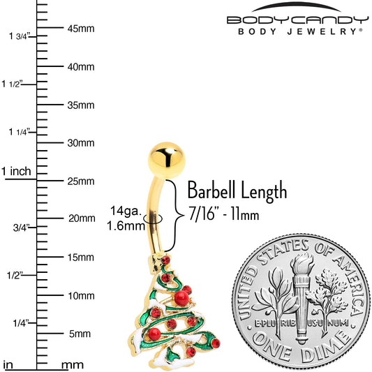 Red Gem Gold Tone Snowy Christmas Tree Holiday Belly Ring