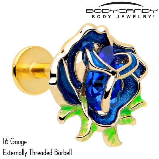 16G Gold Tone Deep Blue Flower Flat Back Earring