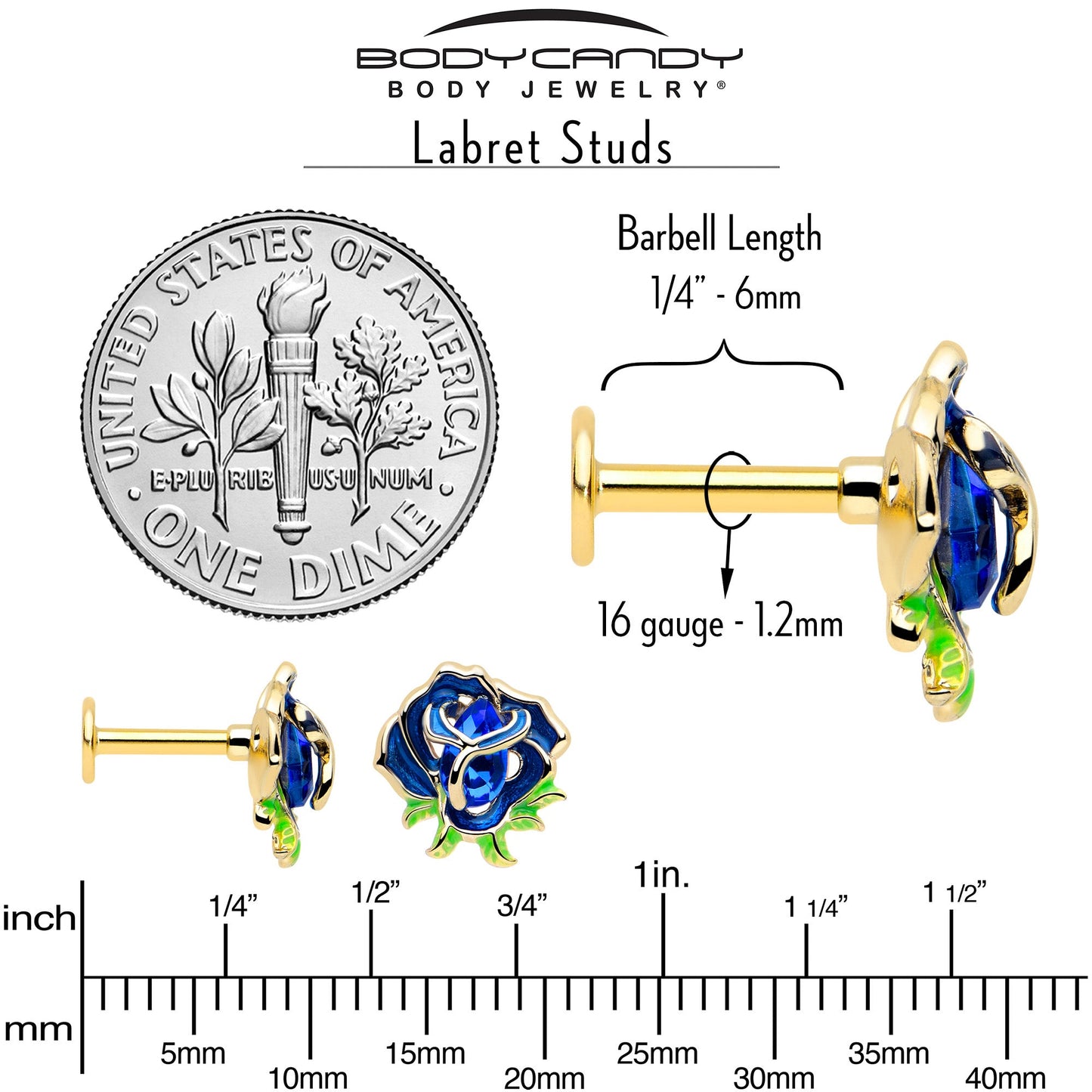 16G Gold Tone Deep Blue Flower Flat Back Earring