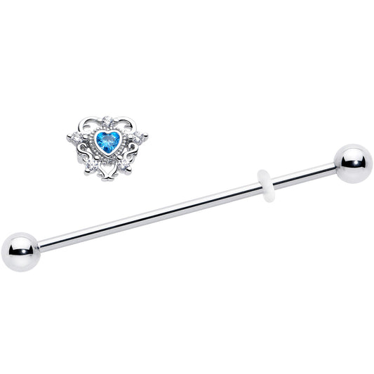 14G Blue Clear CZ Gem Heart Pair Industrial Barbell 38mm